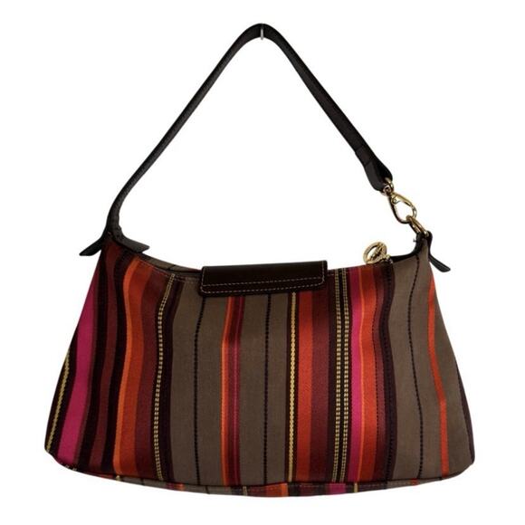 Longchamp Women’s Shoulder Bag Canvas Brown Gold Striped Tote Purse France Rare - Picture 2 of 12